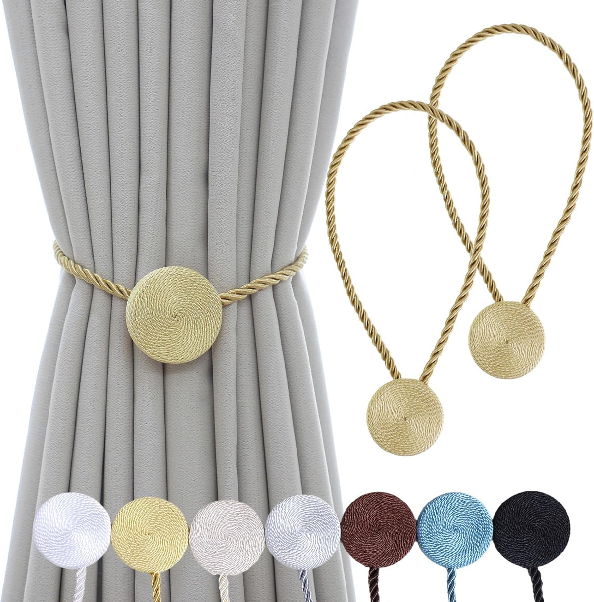 Magnetic Curtain Tiebacks - 12mm Magnetic Tie Backs for Curtains, Heavy Duty No Drill Curtain Holdbacks for Home/Office Windows Drapes, Elegant Gift-Ready Design 7 Colors (2, Gold)