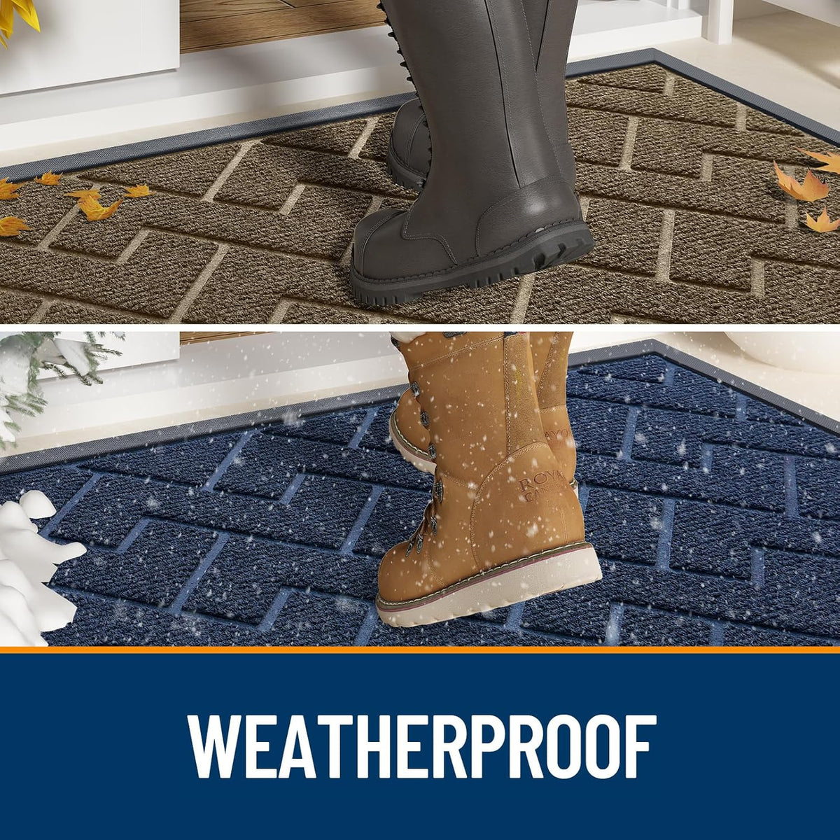 OLANLY Front Door Mat Indoor Outdoor Entrance, Waterproof All-Season, All-Weather Doormat, Sturdy Natural Rubber, Low Profile, Easy Clean Patio Porch Entryway Mat, Herringbone Brick (Blue, 36x24)