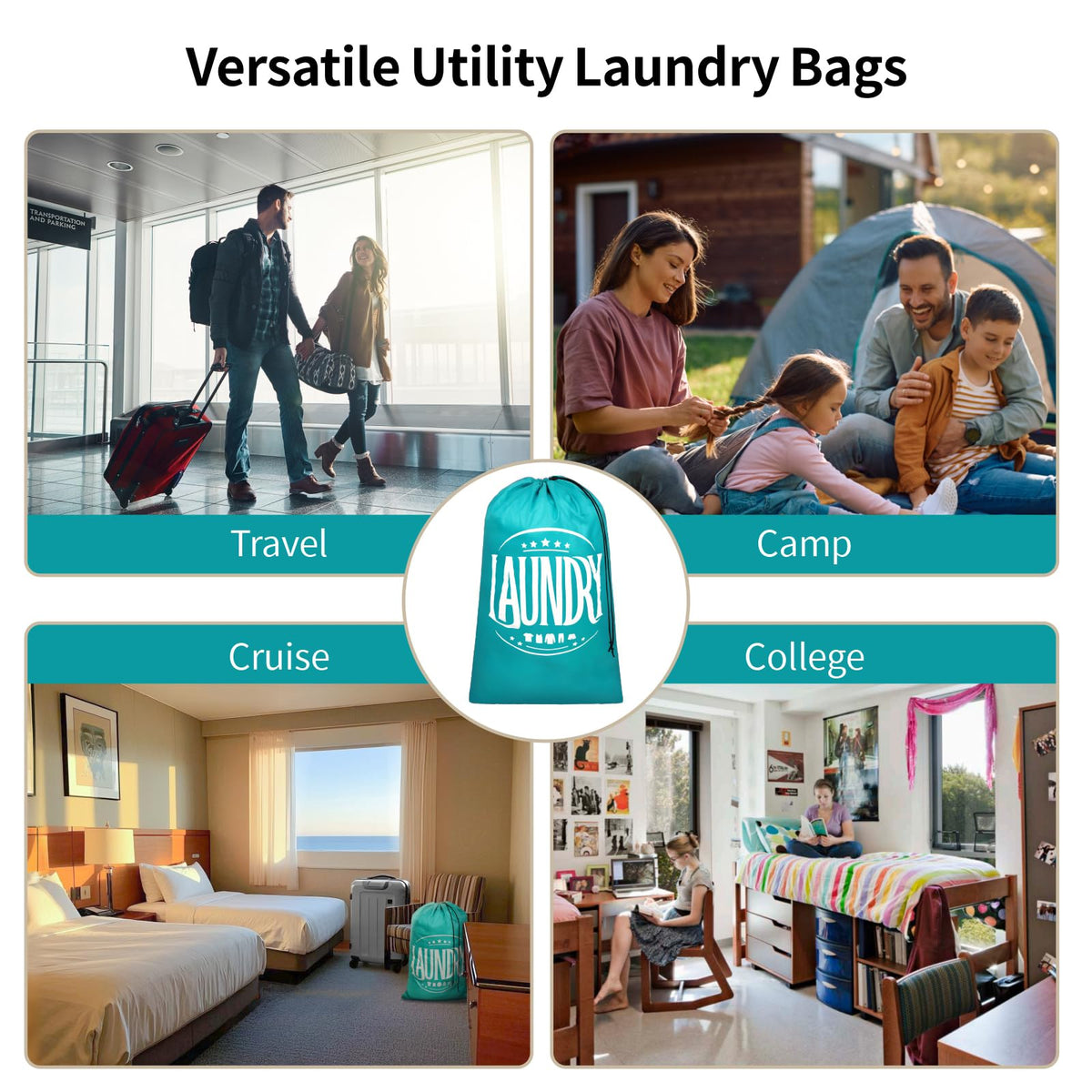 F-color Travel Laundry Bags 2 Pack - Cruise Essentials 2025 Large Dirty Clothes Travel Bag with Drawstring Closure for Cruise Cabin Camp and College Dorm Essentials, Blue +Grey