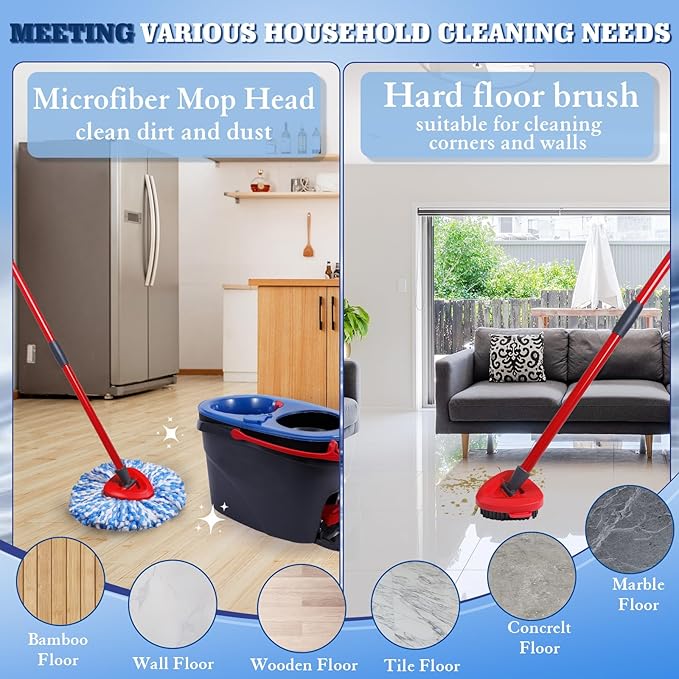 4 Packs Spin Mop Replacement Heads Compatible with Oceda RinseClean 2-Tank System, 4-Section Rotatable 30-58" Mop Handle,Mop Scrub Brush and Base Combo Set,Mop Refills Easy to Replace and Cleaning