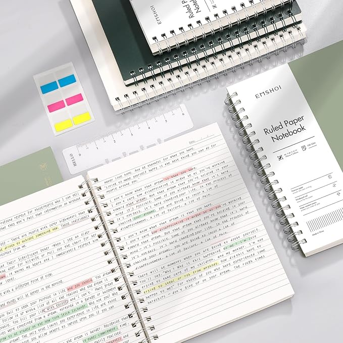 EMSHOI Lined Spiral Journal Notebook, A5 College Ruled Notebook, 300 Pages/150 Sheets, 100gsm Acid-Free Paper, Waterproof Softcover Notebook for School, Work, Note Taking, 5.7" × 8.22" - Transparent