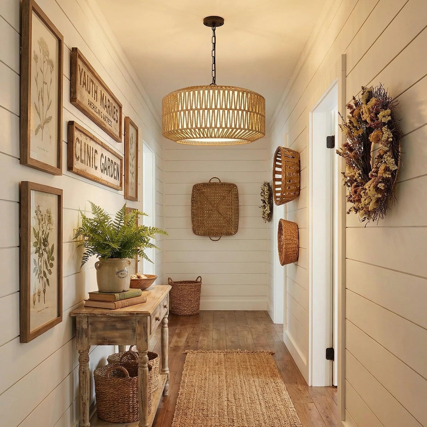 Farmhouse Chandelier Light Fixture, 5-Light Rattan Boho Chandeliers for Dining Room, Hand Woven Pendant Light with Linen Shade, Rustic Hanging Lighting for Kitchen Island, Bedroom (Bulb Not Included)