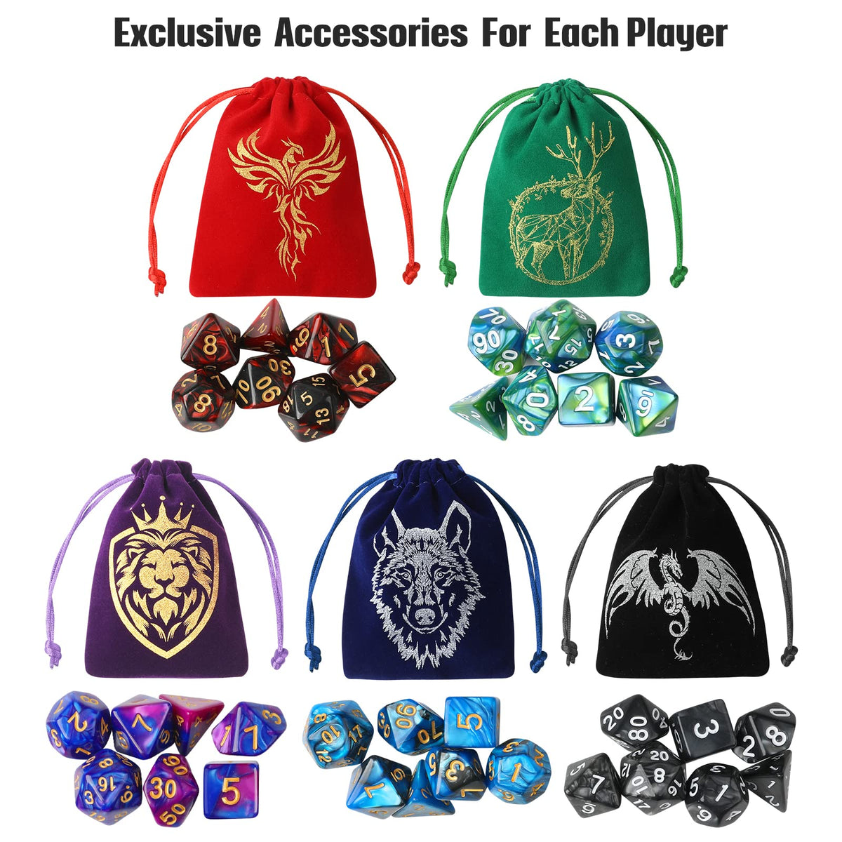 Grajar 35Pcs DND Dice Set with 5 Colorful Animal Patterned Dice Pouches, Polyhedral Dice Sets for Dungeons and Dragons D&D TTRPG MTG Table Role Playing Games