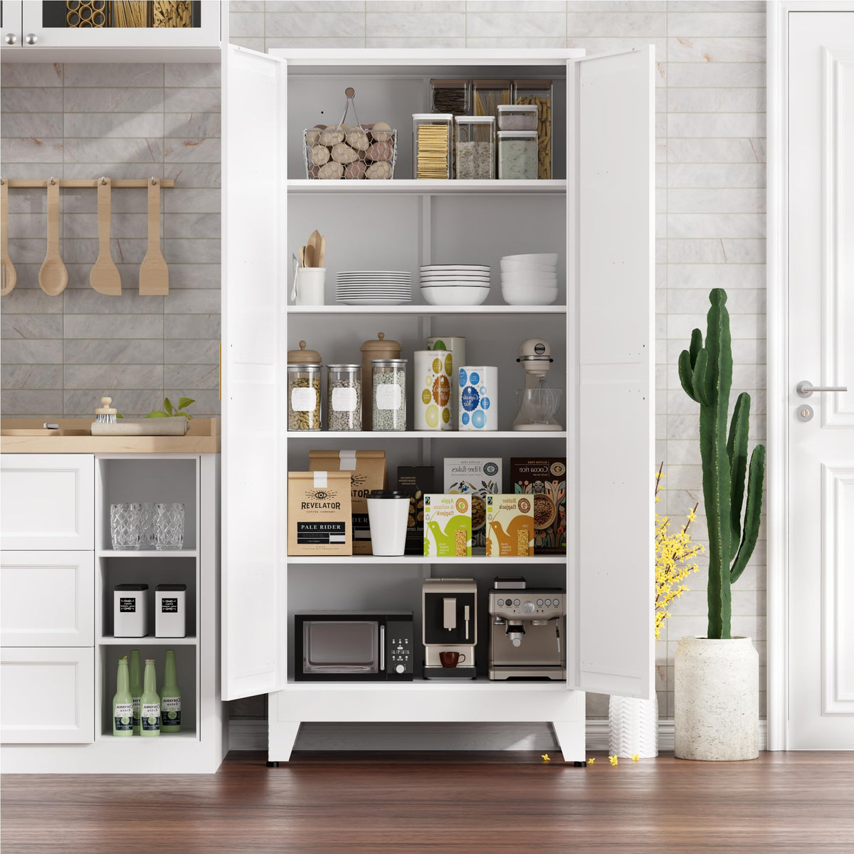 YNIQUESTLE Kitchen Pantry Cabinet,71" H x 31.5" W,Metal Farmhouse Storage Cabinet with Adjustable Shelves and Barn Doors,5-Tier Storage Cabinet for Kitchen Dining Room Garage,White 1 Pack