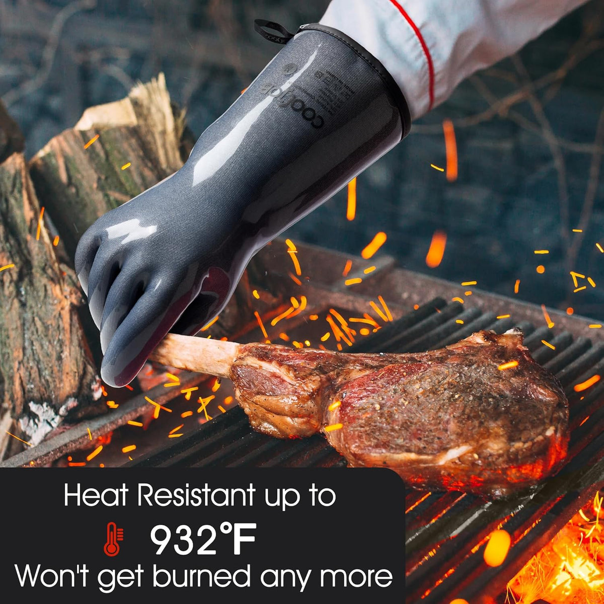 COOLJOB Heat Resistant Oven Gloves, Waterproof Liquid Silicone BBQ Grilling Gloves for Barbecue, Kitchen Cleaning, Baking, Food Contact, Black, Medium