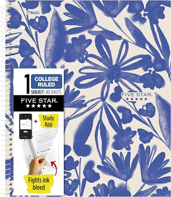 Five Star Spiral Notebook + Study App, 1 Subject, College Ruled Paper, 8-1/2" x 11", 80 Sheets, Fights Ink Bleed, Water Resistant Cover, Soft Petals Blue (820441F-ECM)