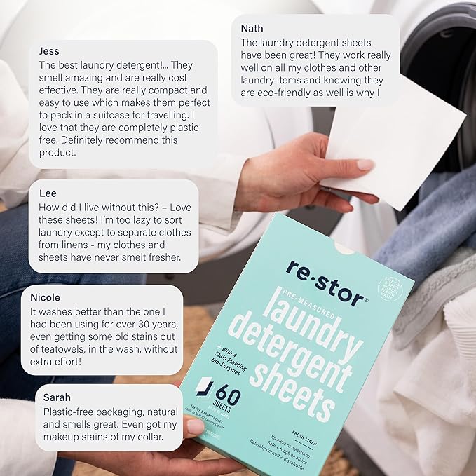 restor Laundry Detergent Sheets Fresh Linen 60 Loads | Eco Friendly Plastic Free Travel Laundry Washer Sheets | Superior Stain Fighting Washing Detergent sheets Number One in Australia