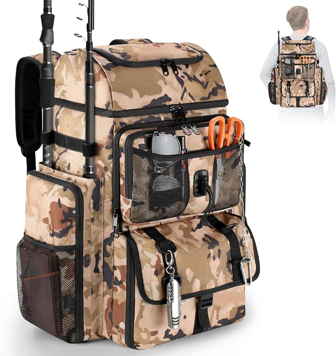 VJI Fishing Tackle Backpack with Rod Holder, Large Tactical Backpack, Fishing Gear Tackle Box Tactical Backpack, Water Resistant Sport Bag and Equipment