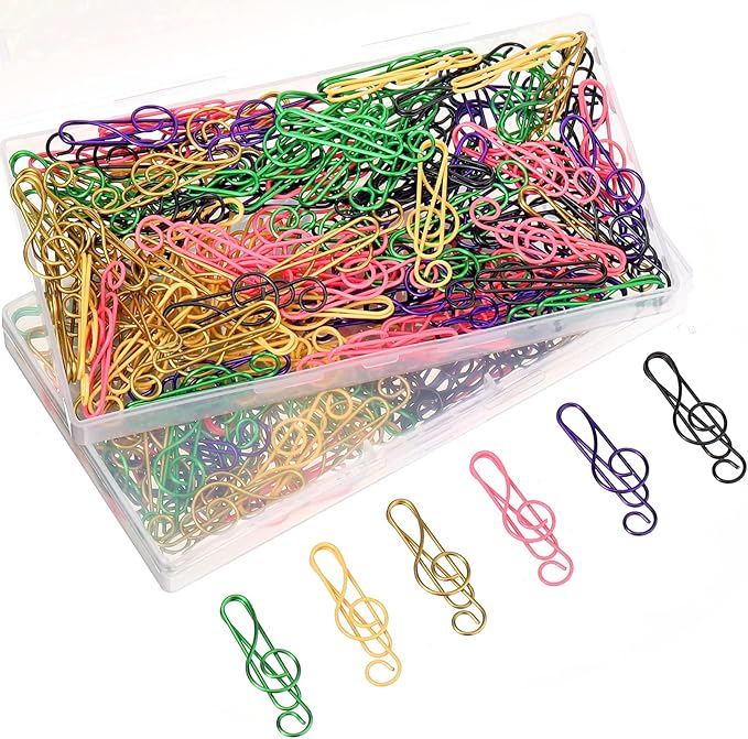 Outus 200 Pcs Music Paper Clips 6 Colors Metal Musical Notes Paper Clips Treble Clef Paper Clips Funny Music Teacher Gifts for Desk Bookmark Office School Notebook