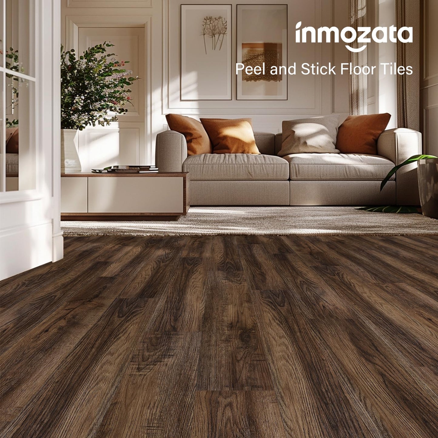 Peel and Stick Floor Tile, INMOZATA 36-Pack 54 Sq.Ft Self Adhesive Vinyl Plank Flooring Wood Grain Look 36x6 Inch Waterproof Tile Sticker for Bedroom, Living Room, Kitchen, RV (Smoked Brown)