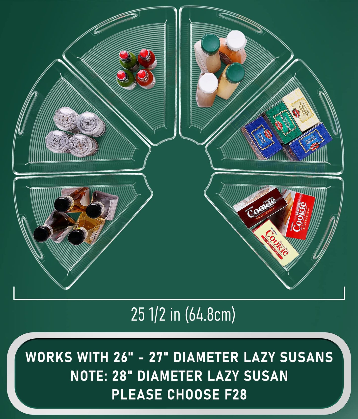 JEISSLIA Lazy Susan Cabinet Organizer Bins for 26"/ 28"/ 32" Diameter Corner Organizer, Plastic Cabinet Storage Bin, 1/8 Wedge - Food Safe, BPA Free, with Non-Slip Pads (for 26" Diameter, 6 Pack)