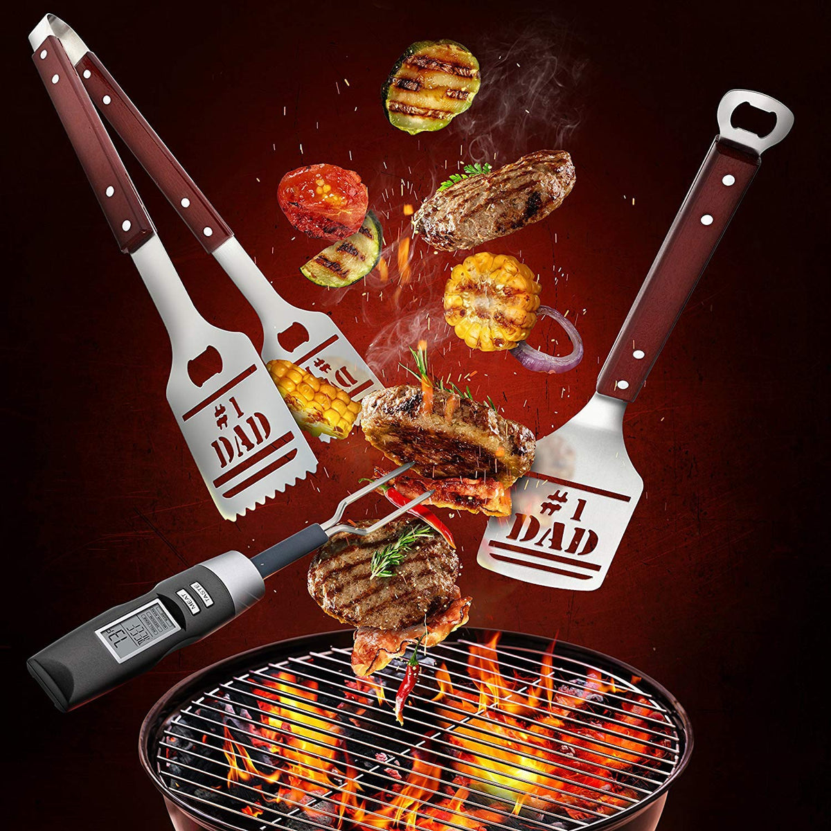 Panoware BBQ Grill Tools Set for Dad, 4 Piece Set, Number 1 Dad Tongs, Spatula, Digital Thermometer and Case