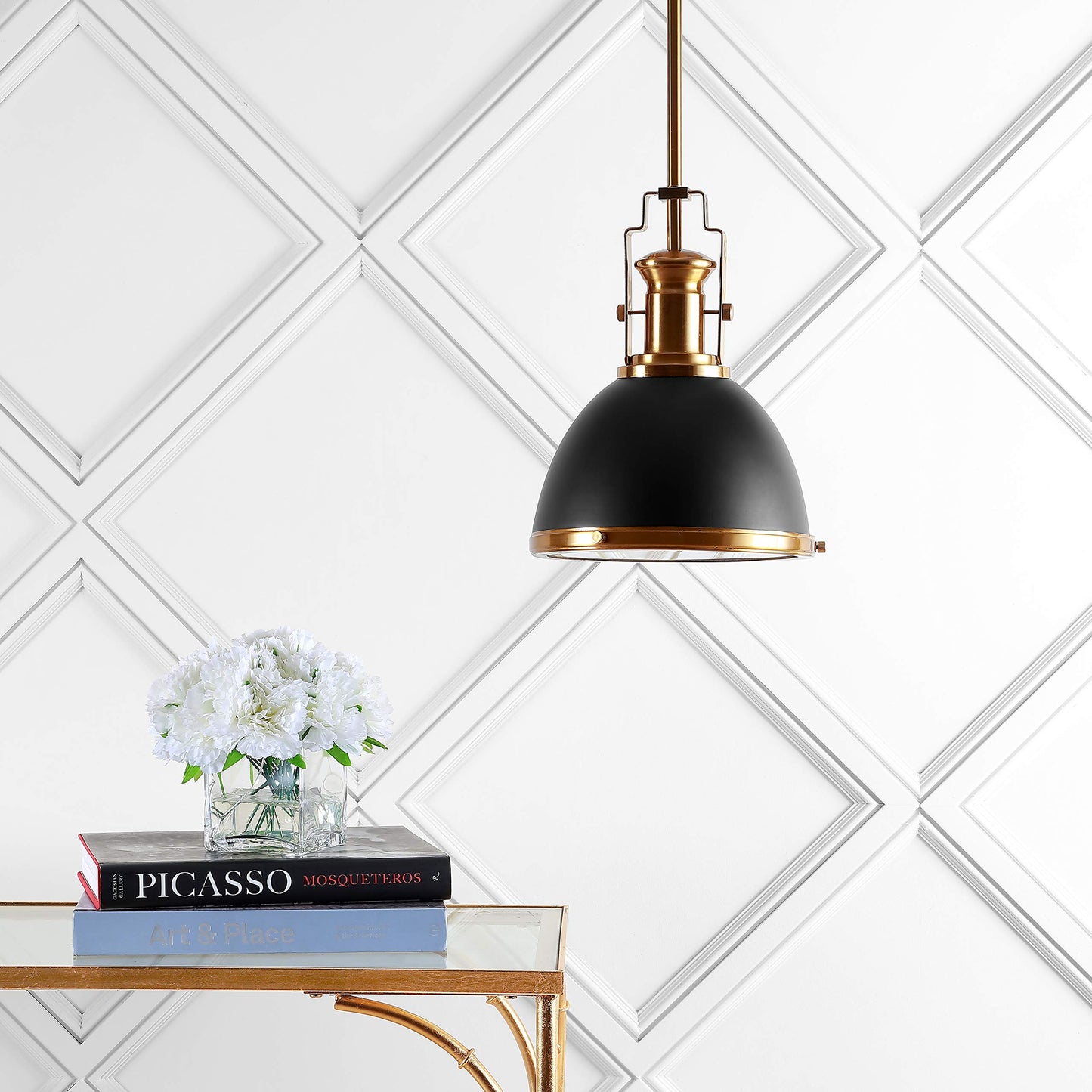 JONATHAN Y 10" Black/Brass Gold Modern Industrial Iron LED Dome Pendant Light, Adjustable Hanging Fixture for Kitchen Island or Entryway, Black Metal Shade, LED Bulb Included JYL9535A