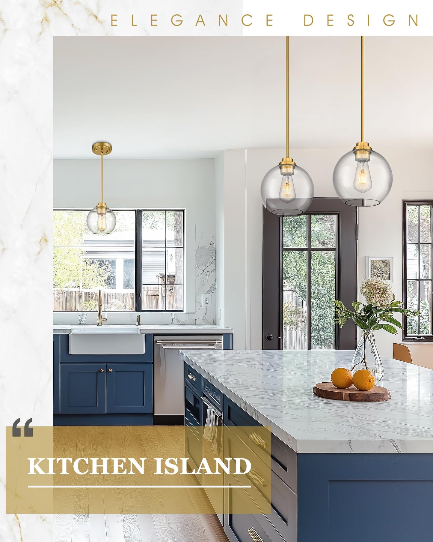 Audickic Brass Pendant Lights Kitchen Island 2 Pack, Farmhouse Gold Pendant Light with Clear Glass Globe Shade, Kitchen Island Lighting for Dining Room Entryway, AD-22280-1P2-GD-C