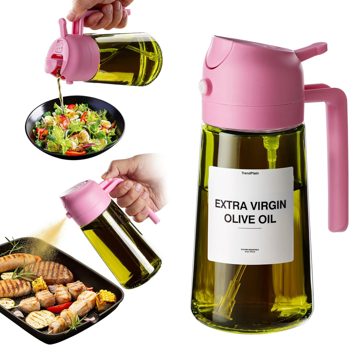 TrendPlain - Original 16oz/470ml Olive Oil Dispenser Bottle for Kitchen Gadgets and Air Fryer Accessories - Olive Oil Sprayer for Cooking w/Stickers - Bubblegum