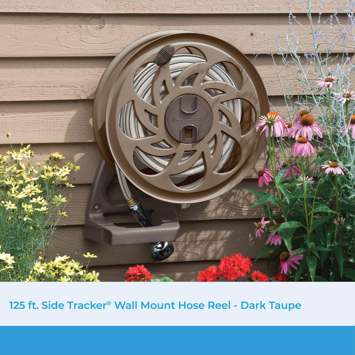 Suncast 125 ft. Sidetracker Wall Mount Garden Hose Reel with Guide, Dark Taupe