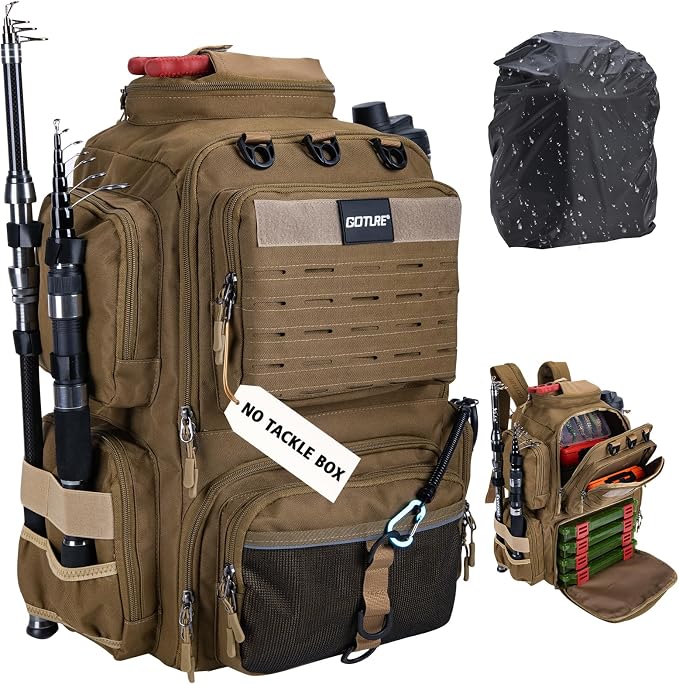 Goture Fishing Backpack,900D Water-Resistant Tackle Backpack with Rod Holders,45L Large Fishing Bag Storage Gear Tackle Bag with Rain Cover,Bottle Holder for Travel Camping Hiking(Without Tackle Box)