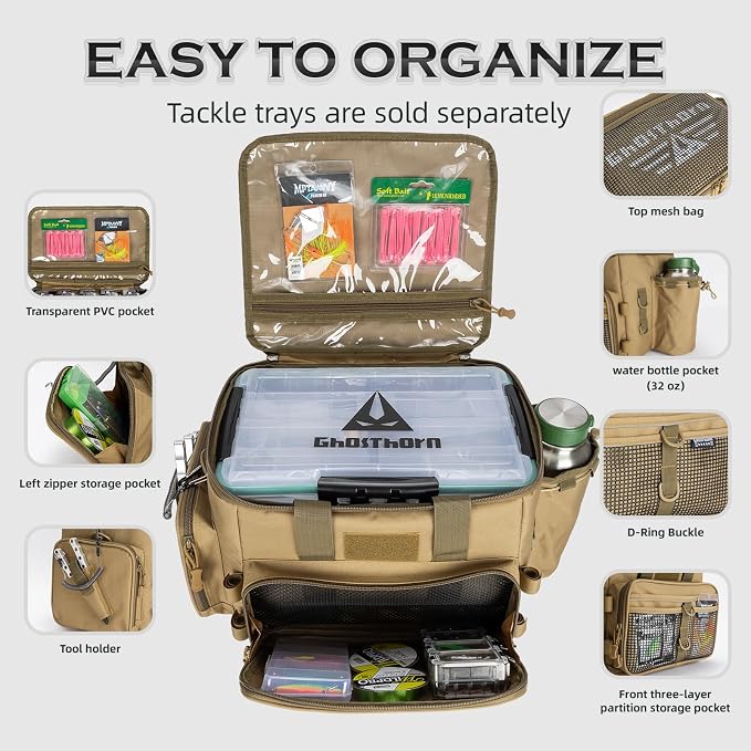 Ghosthorn Fishing Tackle Bag with Rod Holder Saltwater & Freshwater Resistant Large Tackle Box Bag - Adjustable Padded Shoulder Strap (Khaki)