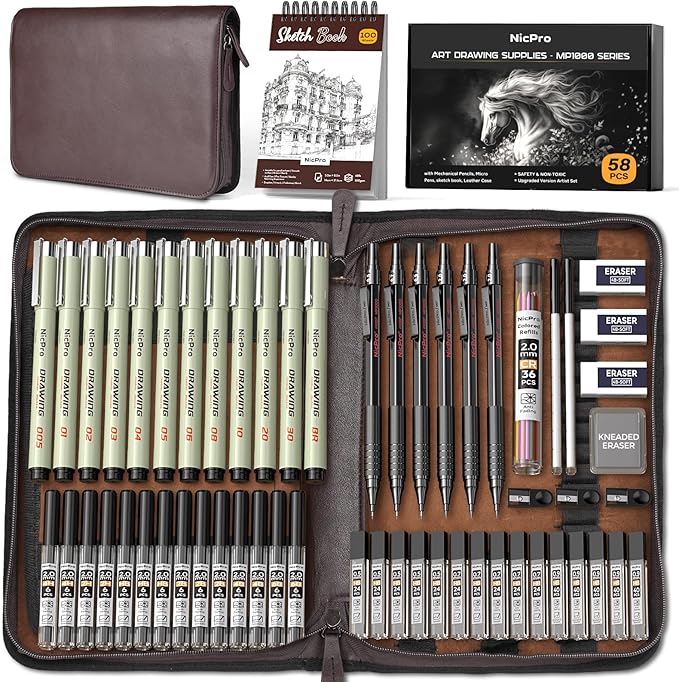 Nicpro 58PCS Art Drawing Supplies Kit in Leather Case, MP1000 Black Metal Mechanical Pencil Set with Drafting Pencil 0.5, 0.7, 0.9 & 2mm, 12 Micron Pen, Sketch Book, 30 Tube Lead Refills for Sketching