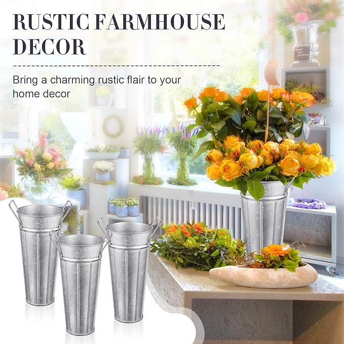 Lallisa 24 Pcs Metal Vases 9 Inch Galvanized French Farmhouse Flower Buckets with Handles and Hemp Rope, Vintage Style Flower Containers for Country Wedding Party Table Centerpiece Decor(Silver)