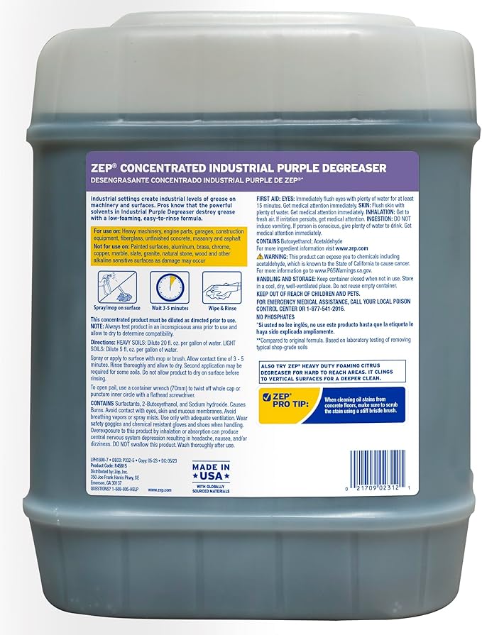 Zep Industrial Purple Cleaner and Degreaser Concentrate - 5 Gallon (Case of 1) R45815- Easy to Rinse Formula