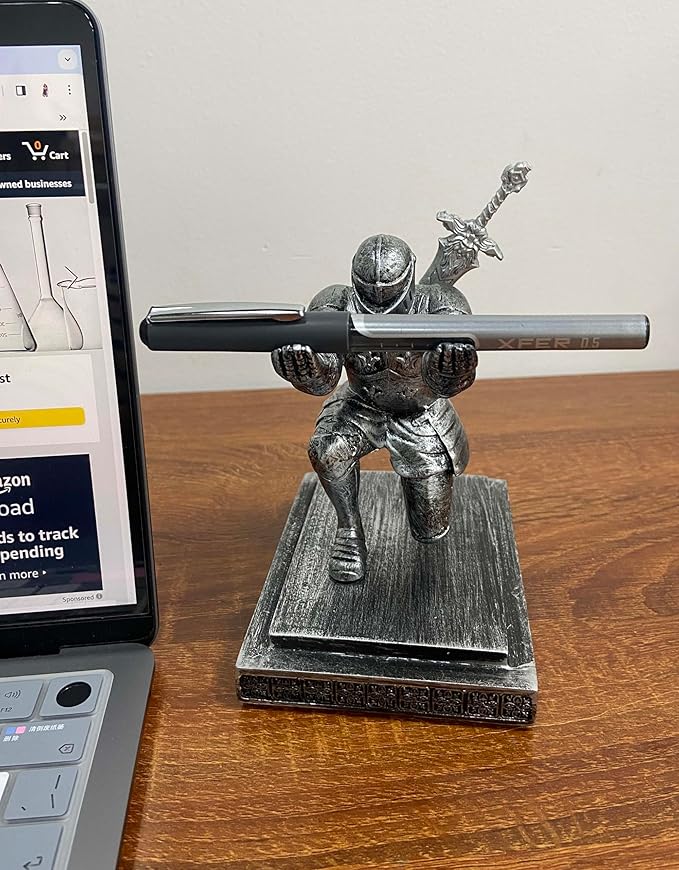 Magnetic Knight Pen Holder Knight Statue Pen Holder for Desk Organizers Resin Pencil Holder as Gift with Sword Letter Opener for Office Home Desk