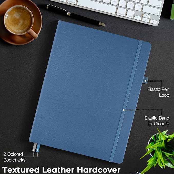 Lined Journal Notebook, 8.5" x 11" Hardcover Leather Notebook for Work, Wide Ruled Notebook Journal for Women Men, 192 Thick Paper, Lay Flat, 2 Pockets, A4 Large Journals for Writing, Blue Notebook