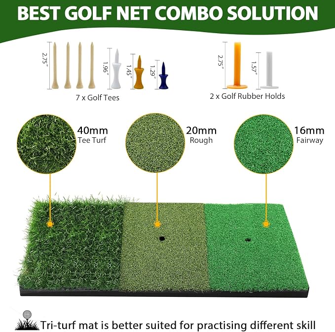 Golf Net, 10x7 Ft Practice Hitting Golf Net with Tri-Turf Mat, Ball, Tee, and Carring Bag, All-in-One Multi-Target Training Aid for Outdoor/Indoor Chipping & Driving, Ideal Gift for Men/Enthusiasts