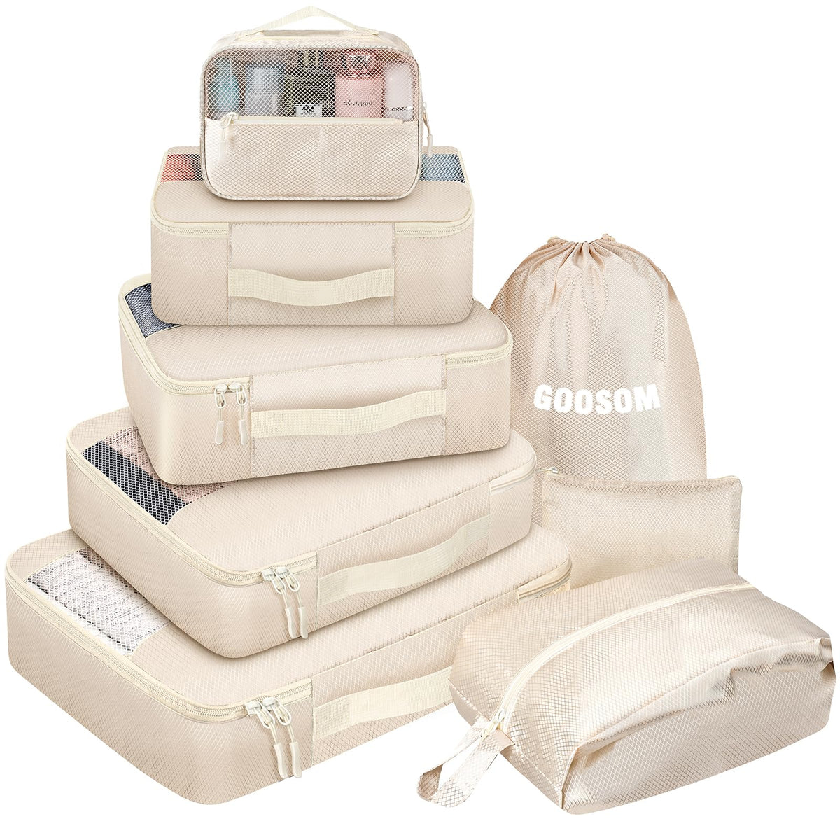8 Set Packing Cubes, Travel Essentials for Carry on Luggage, Suitcase Organizer Bags Set for Travel Accessories in 4 Sizes(Extra Large, Large, Medium, Small)，Cream