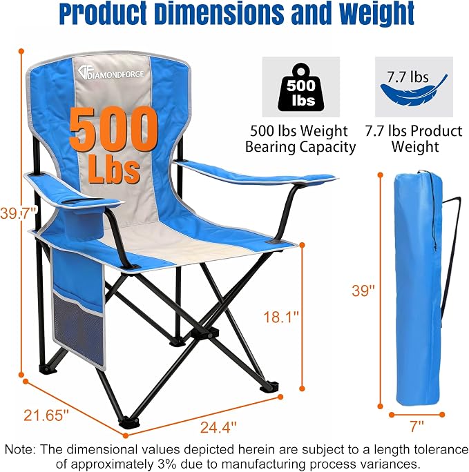Oversized Camping Chair, 500 LBS High Back Lawn Chairs Folding (Blue Gray) | Portable Outdoor Heavy Duty Folding Camping Chair for Adults, with Cup Holder for Picnic, Lawn, Beach, Fishing and Sports