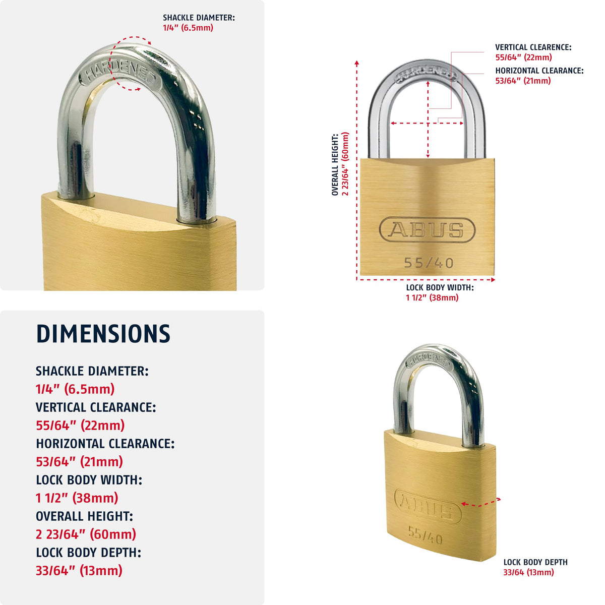 ABUS 55/40 Solid Brass Keyed Padlock with 2 Keys, Hardened Steel Shackle with Anti Corrosion Inner Lock Components, Keyed Different