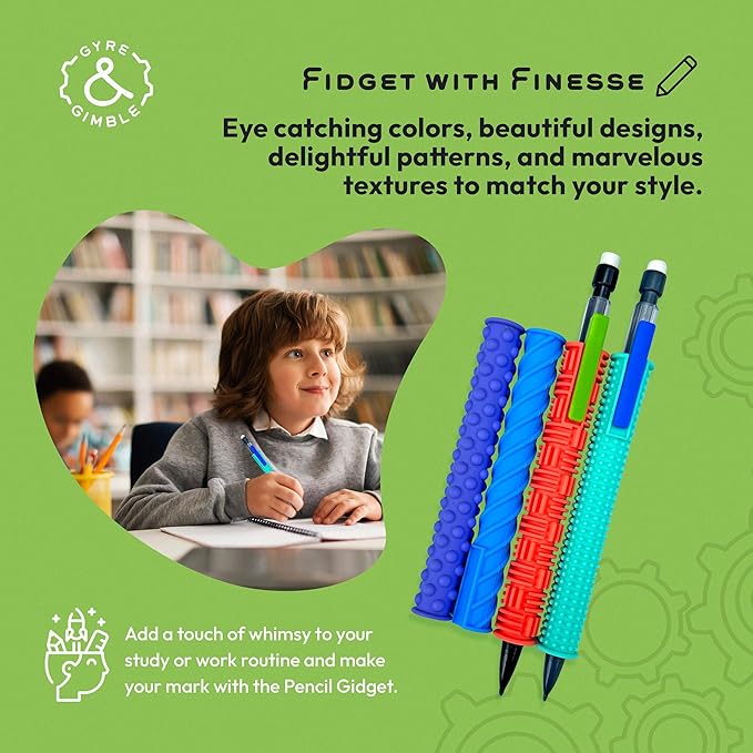 Gyre & Gimble Pencil Gidgets – Textured Silicone Pencil Sleeve for Quiet Fidgeting – Transform Your Mechanical Pencil into a Sensory ADHD Tool for Kids and Adults – 4 Sleeves & 2 Pencils