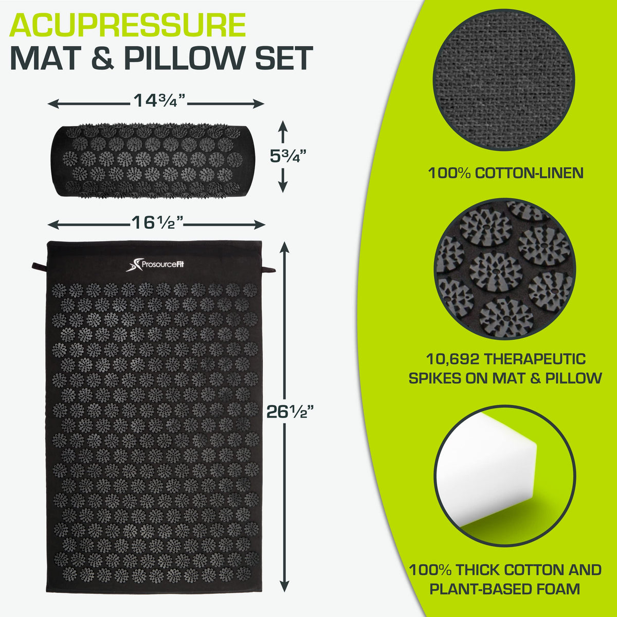 ProsourceFit Acupressure Mat and Pillow Set for Back/Neck Pain Relief and Muscle Relaxation, Large - Black/Black