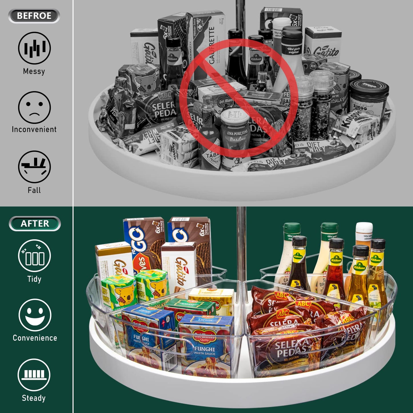 JEISSLIA Lazy Susan Cabinet Organizer Bins for 26"/ 28"/ 32" Diameter Corner Organizer, Plastic Cabinet Storage Bin, 1/8 Wedge - Food Safe, BPA Free, with Non-Slip Pads (for 26" Diameter, 6 Pack)