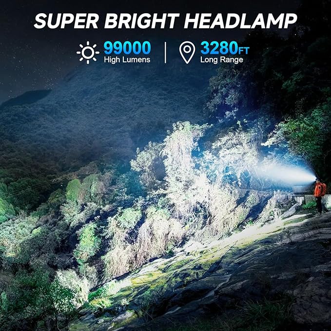 Headlamp Rechargeable, 99000 LM Super Bright LED Head Lamp with 3 Modes, 90° Adjustable Head Lights for Forehead, 20+Hrs Runtime & IPX6 Waterproof HeadLamps for Camping Running