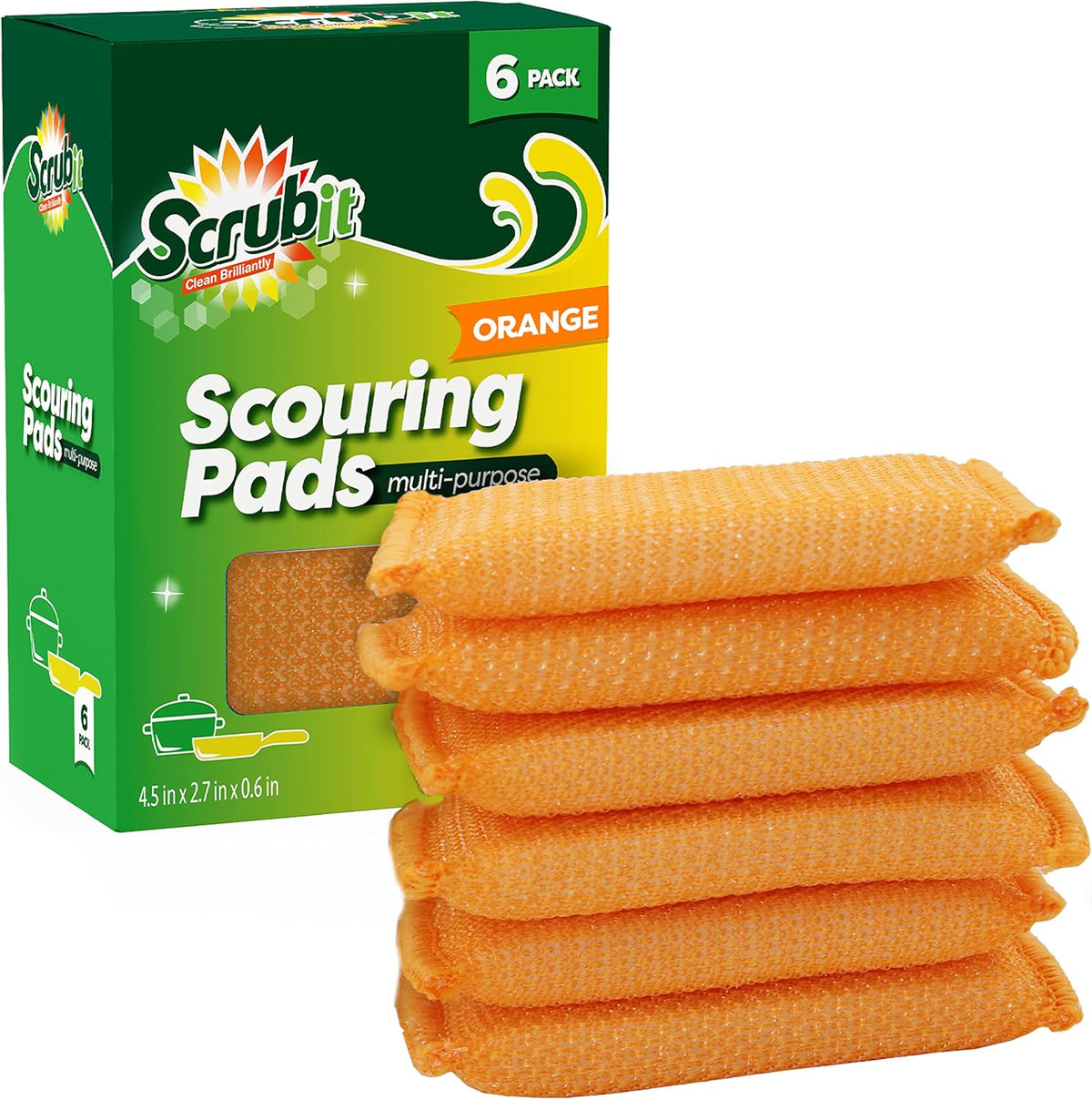SCRUBIT Multi-Purpose Scouring Pad - Non-Scratch Cleaning Sponges for Pots, Pans, Dishes, Utensils & Non-Stick Cookware - Scrubbing Pads Use for Kitchen, Bathroom - 6 Pack Dish Sponge- (Orange)