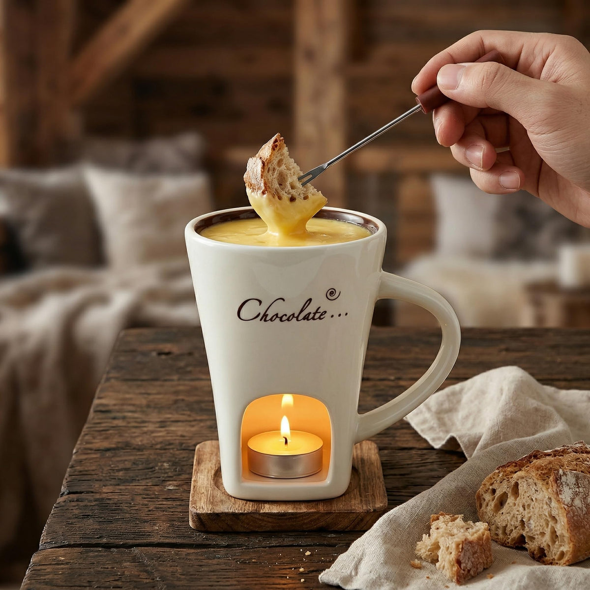 DECHOUS 2 Pack Fondue Mugs, Ceramic Chocolate Melting Cups with 2 Forks, Personal Fondue Mugs Set for Chocolate, Cheese, Butter, Ideal for Date Night, Birthday, Parties, Wedding Gift