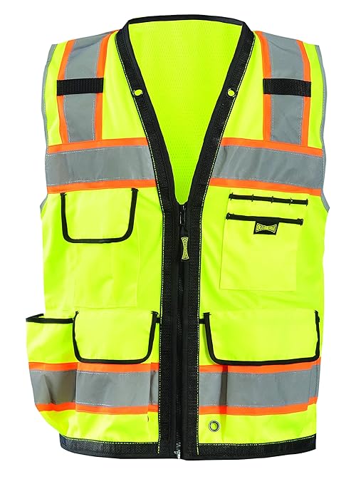 OccuNomix LUX-HDS2T-Y5X Heavy Duty Solid/Mesh Two-Tone Surveyor Vest with Zipper, 8 Pockets, Class 2, 100% ANSI Polyester, 5X-Large, Yellow (High Visibility)