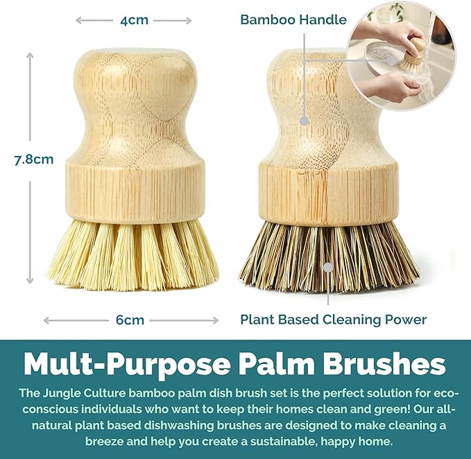 Jungle Culture Kitchen Dish Scrubber Set of 2 • Bamboo Dish Brush for Washing Pots, Pans, Dishes & Plates • Natural Bristle Wooden Brushes for Washing Up • Zero Waste Firm & Soft Eco Scrub Brush