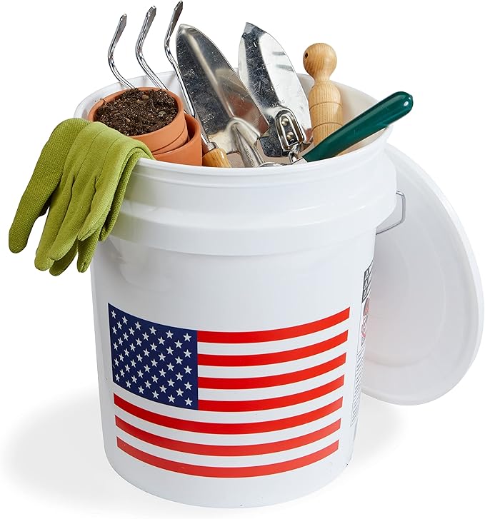 United Solutions 5 Gallon Bucket, Heavy Duty Plastic Bucket, Comfortable Handle, Perfect for on The Job, Home Improvement, or Household Cleaning, White with USA Flag, Pack of 2