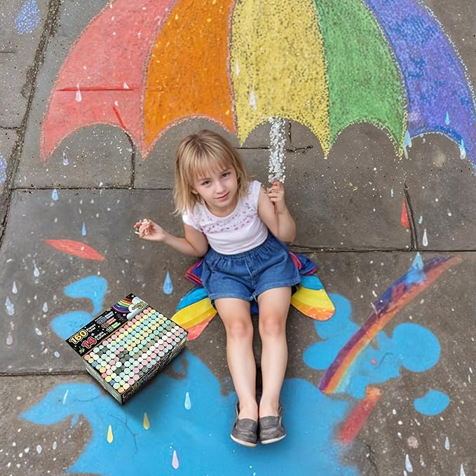 160 PCS Sidewalk Chalk for Kids - 14 Colors, 10 Glitter, 10 Neon Non-Toxic Washable Jumbo Chalks - Bulk Set of Outdoor Paint for Kids and Toddlers - Chalkboard Toys - Big Bucket Chalk for Party