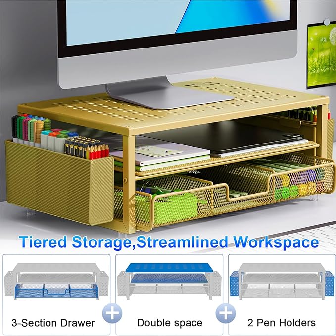 gianotter Desk Organizers and Accessories, Monitor Stand with Drawer and 2 Pen Holder, Desktop Organizer Suitable for Offices and Dormitories (Gold)