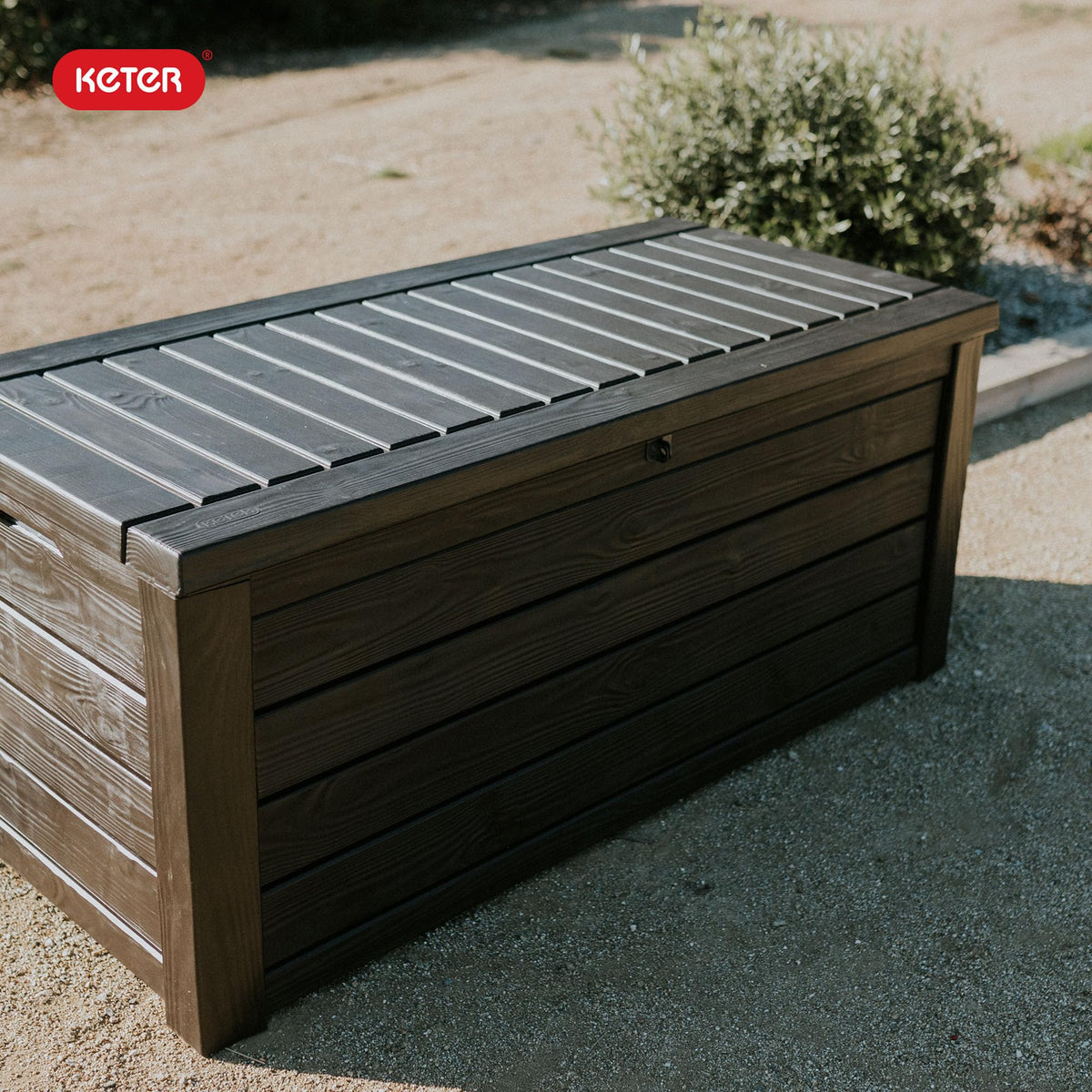 Keter Outdoor Storage Deck Box, 150 Gallon Resin Patio Bin & Bench, Wood Grain, Brown