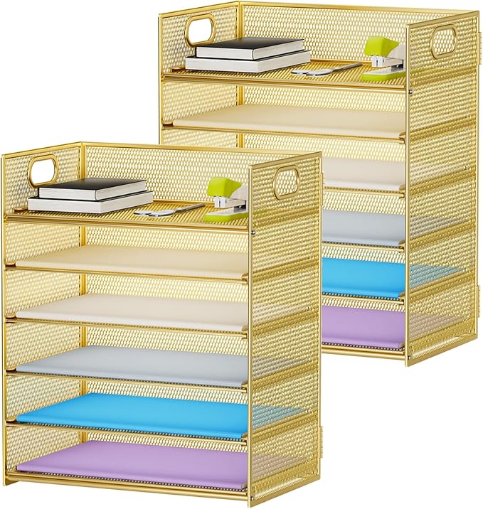 Marbrasse 2 Pack Desk Organizer with Handle, 6 Tier Paper Letter Tray, Mesh Desk File Organizer for Office, School and Home - Gold