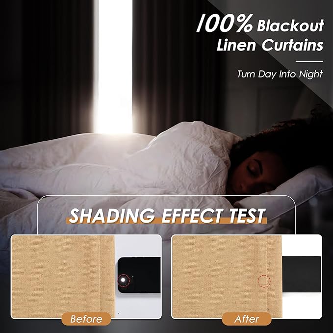 Full Black Out Camel Window Curtains Panels 102 Inches Long 2 Panels Set for Living Room Cotton Textured Long Blackout Curtain with Backing Thermal Insulated Drapes for Nursery Bedroom 52x102