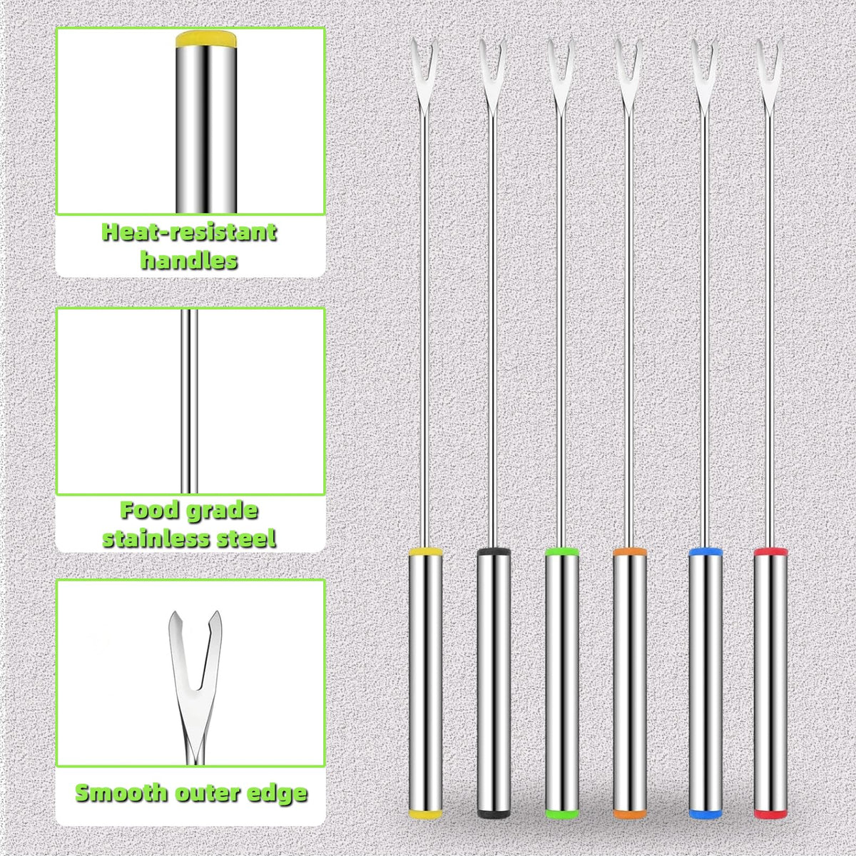Cptoion 18 Pack Stainless Steel Fondue Forks with Heat-Resistant Handles, 9.3" Long, 6 Colors for Cheese, Chocolate, BBQ, Marshmallows, and Meat Roasting