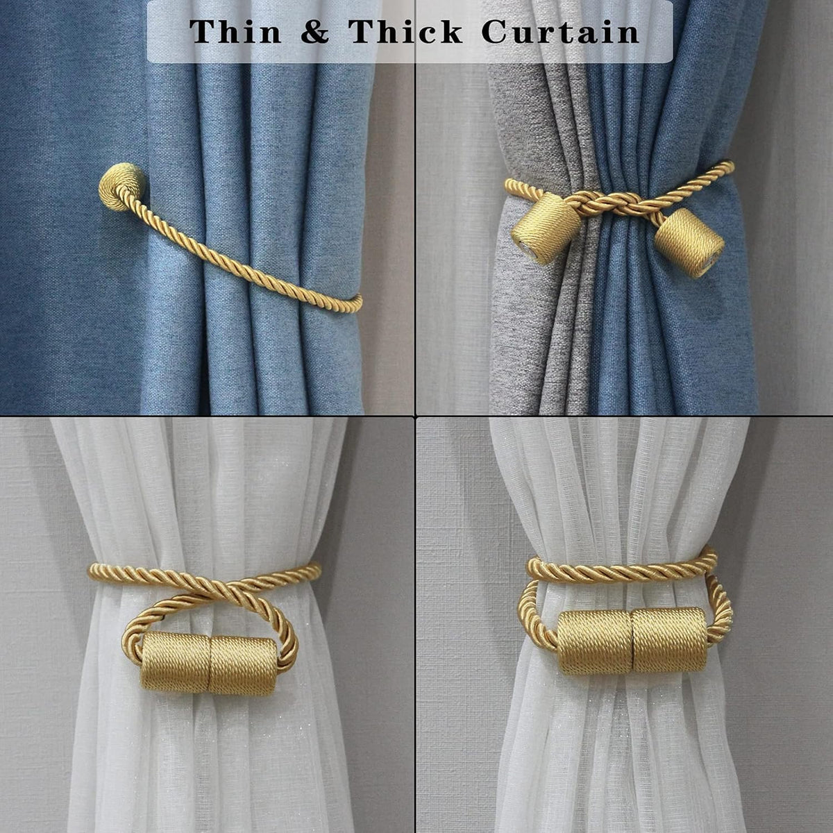 4 Pack Gold Strong Magnetic Curtain Tiebacks Outdoor Elegant Decorative Tie Backs Modern Rope Tiebacks for Drapes Window Curtain Holdbacks for Draperies