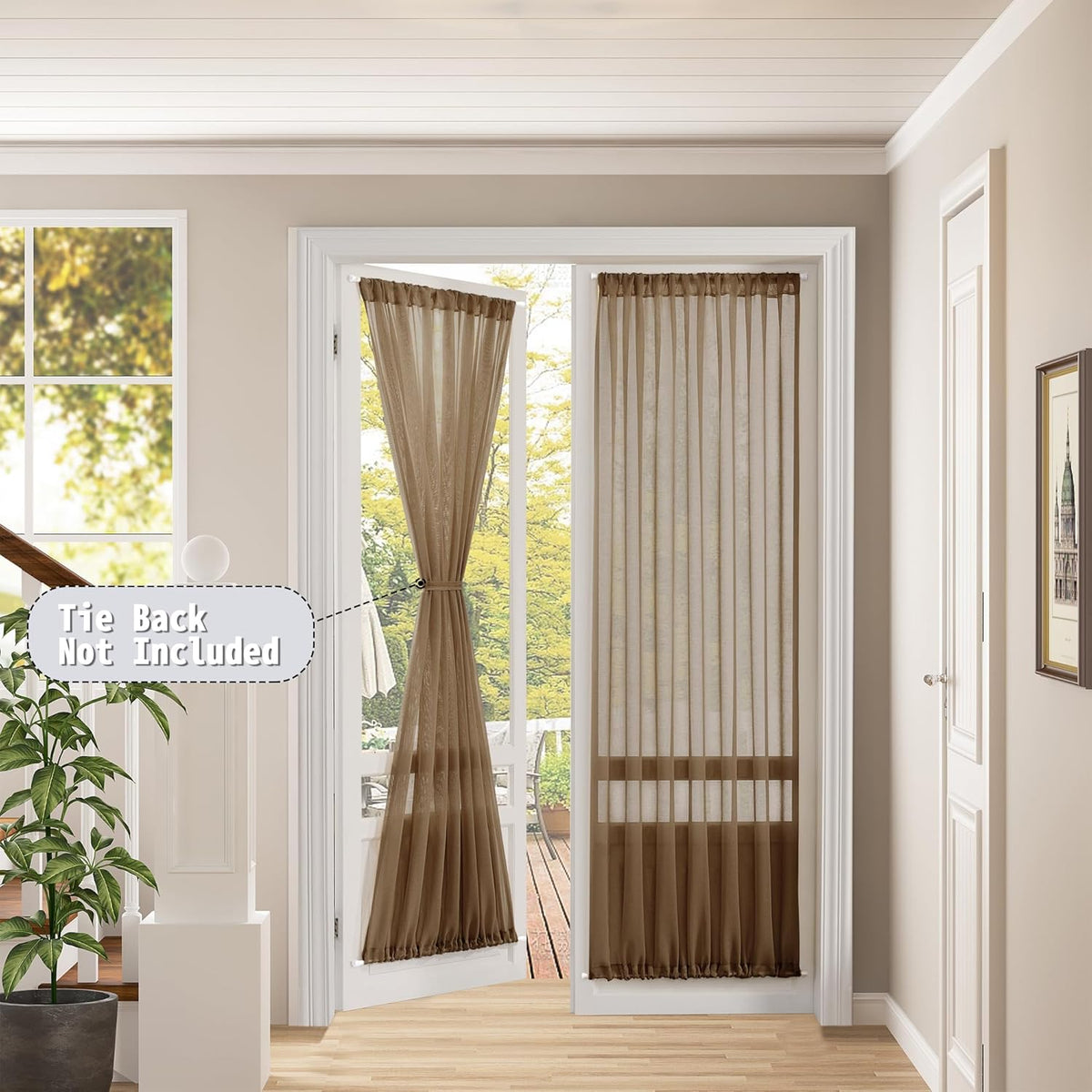 Tollpiz Sheer Door Curtains Closet Linen Textured Curtains Sheer Doorway Light Filtering Voile Rod French Door Pocket Curtain Patio Glass Door, 25 x 72 inches Long, Brown, Set of 1 Panel