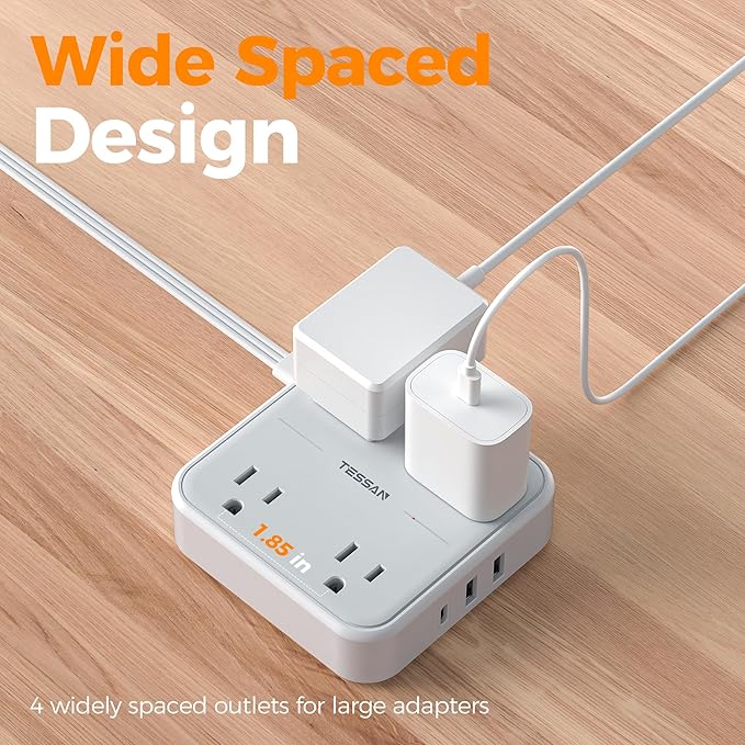 Surge Protector Power Strip, TESSAN Ring Pull Flat Plug Extension Cord 10 Ft with 3 USB (1 USB C) 4 Outlets, 900 Joules Protection, Desktop Charging Station for Home, Office, College, Dorm Room, Gray