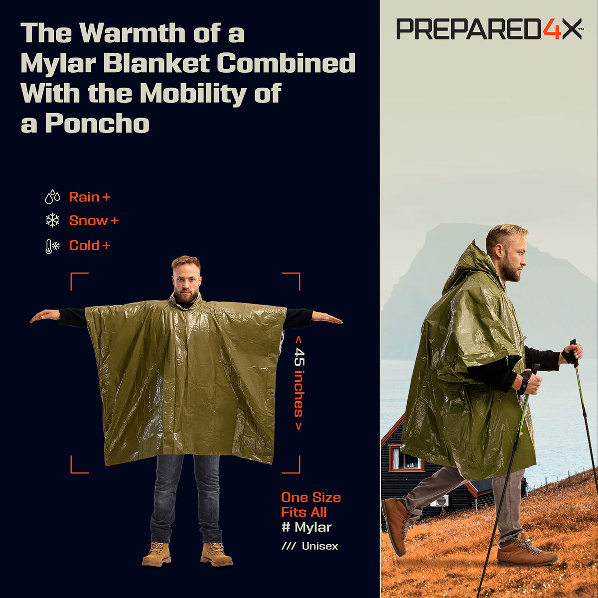 PREPARED4X Emergency Poncho with Mylar Blanket Liner – Heavy Duty, Waterproof, Wind-Resistant Green Rain Poncho for Outdoors, Camping, and Car Emergency Kits - Thermal Poncho - 4 Pack (Green)